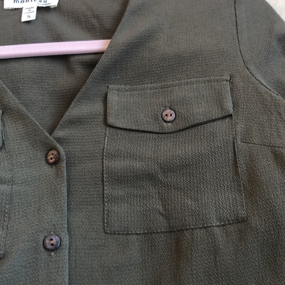 MONTEAU Button up tie-front top in olive green. Size Small. - Picture 8 of 9